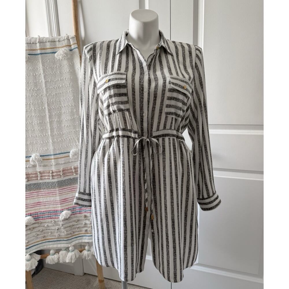 Passport Grey White Striped Rayon Button Down Long Tunic Shirt Women’s Size XL